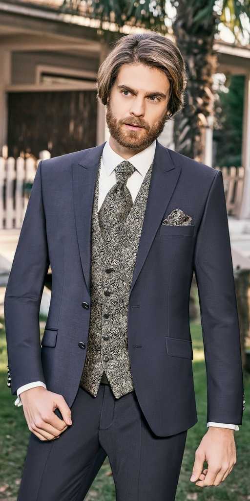 klassisch eleganter anzug mit farblich abgesetzter weste und plastron