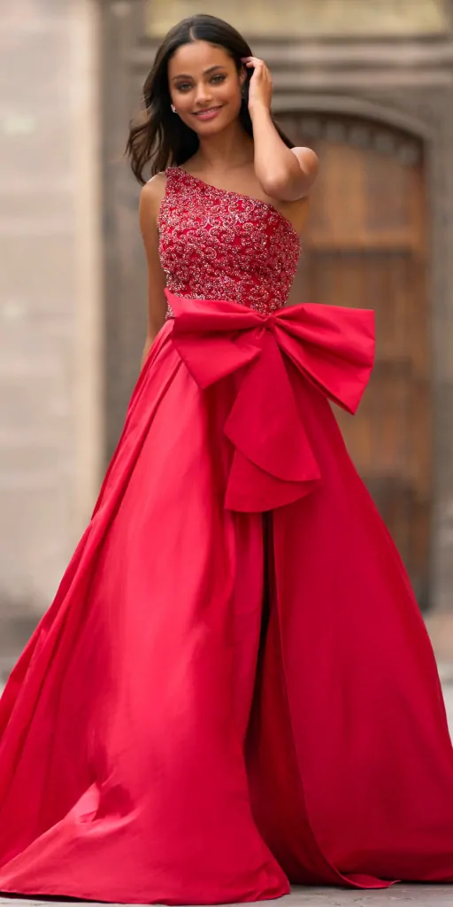 one shoulder rotes ballkleid in a linie